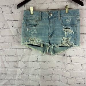 american eagle denim hi-rise shortie Jean Shorts Distressed Raw Hem sz 6